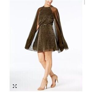 Calvin Klein Cape Dress 12 Gold Metallic Cocktail Fairy Whimsigoth $159